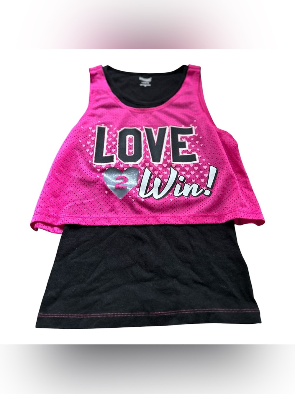 💙3/$15🆕Danskin Now Pink and Black "Love 2 Win" Layered Tank Top